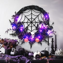 Decoraciones de guirnaldas de Halloween Esqueletos de araña Círculos de ratán Flores artificiales Decoraciones para fiestas Guirnalda de Halloween hecha a mano con luz