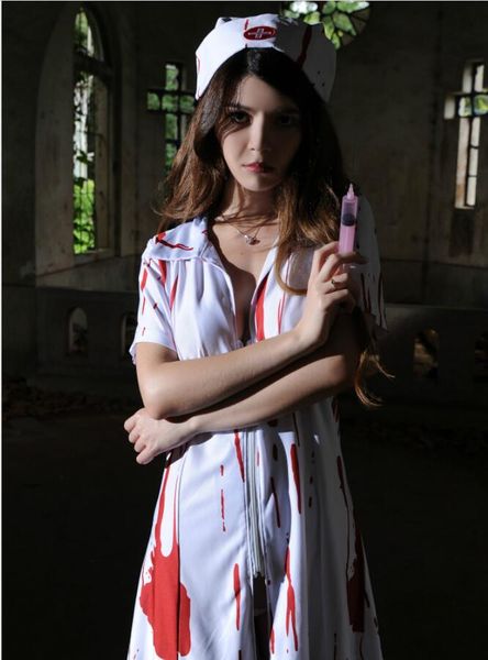 Fantasma de Halloween enfermera uniforme cosplay miedo Bloody enfermera capa sexy uniforme tentación ropa cosplay prop mujeres vestido fiesta bar proveedor