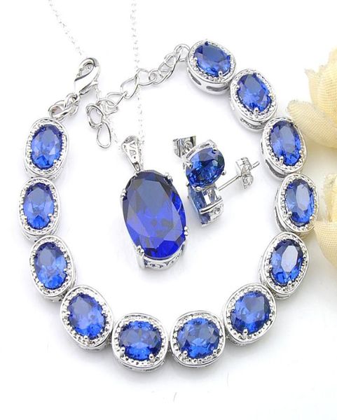 Halloween cadeau boucles d'oreilles pendentifs Bracelet 3 pièces ensembles de bijoux ovale bleu topaze 925 colliers en argent ensembles de mode pour les femmes Jewel4314216