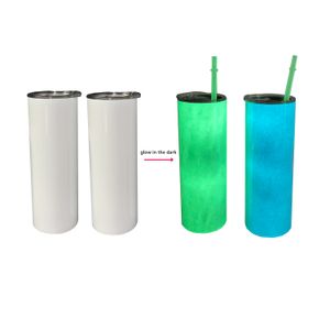 Regalo de Halloween Venta al por mayor a granel de 20 oz de blanco a verde azul que brilla en la oscuridad, vaso recto de acero inoxidable de doble pared con pajita luminosa, vendido por caja