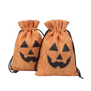 Halloween Gift Wraps 100 stks / pak Pompoen Linnen Jute Snoep Drawstrings Tas Pocket Treat Storage Bags Cookie Pouch Kindertruc of Behandeling Party Decor Th0073