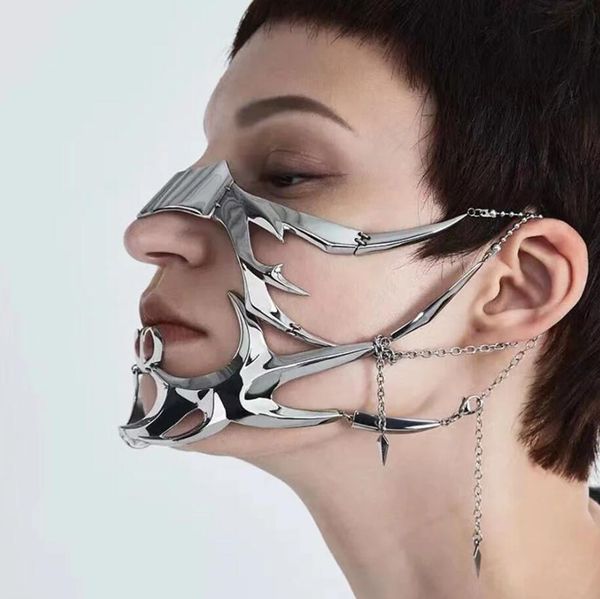 Máscara de Metal gótica de Halloween Cyber Punk líquido Irregular plata hueca mujeres hombres fiesta individualización joyería accesorio Facial