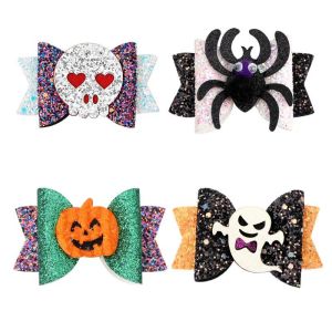 Accessoire de cheveux d'Halloween Pinces à cheveux pour bébé fille Barrettes de citrouille Épingle à cheveux Accessoires de tête d'arc de cheveux Paillettes Spider Ghost pour Funy Party BJ