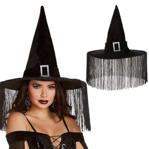 Los sombreros de Halloween son divertidos y lindos para niños y adultos Nuevo sombrero de bruja con borlas de Halloween Sombrero de bruja para fiesta Sombrero de bruja de tela Oxford negro Accesorio de maquillaje
