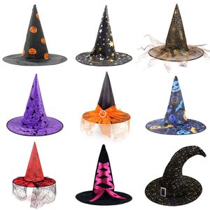 Les chapeaux d'Halloween sont drôles et mignons pour les enfants et les adultes. Chapeau d'Halloween Décoration de fête de sorcière Coin incurvé en maille imprimé citrouille Chapeau de sorcière Chapeau de sorcier pointu noir.