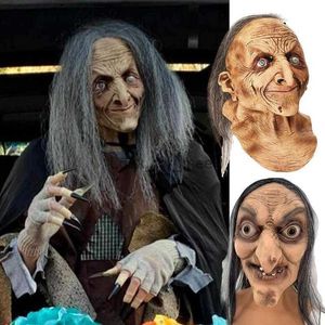 Halloween Horror Old Witch Latex hoofdomslag Realistisch eng masker met haar Halloween Party Cosplay Cosplay Prop Ghost House Prop HKD230810