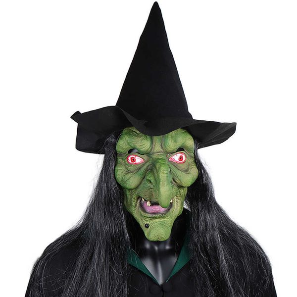 Halloween Horreur Sorcière Masque avec Chapeau Cosplay Effrayant Clown Hag Masques En Latex Visage Vert Grand Nez Vieilles Femmes Costume Accessoires De Fête