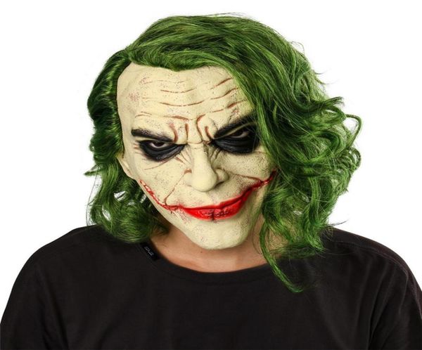 Máscara de látex de Halloween El caballero oscuro Cosplay Horror Payaso aterrador Joker con peluca de pelo verde para suministros de disfraces de fiesta 2205234052547