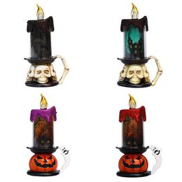 Halloween LED-kaarsen Skull Pumpkin Halloween Party Sfeer Decoratie Nacht Gloeiende Lamp Plastic Batterij Opgenomen Vlamloze Kaarsen