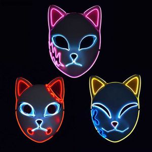 Halloween LED Glowing Cat Masque Visage Pour Femmes Demon Slayer Lumière Froide Renard Masque Mascarade Cosplay Props Bar Maison Hantée Décor L230704