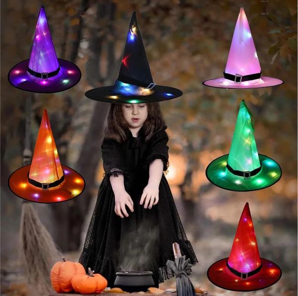 Sombrero de bruja luminoso LED para Halloween, sombreros de brujas brillantes para fiesta de Halloween, decoración de patio al aire libre, accesorios que brillan en la oscuridad, juguete para niños