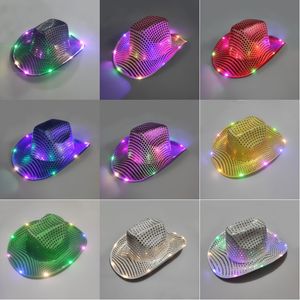 Halloween Light Up Cowboy Hat Silver Black Pink Blue Led Flashing Cosplay Accessoire Caps Verjaardag Kerstmis Nieuwjaar feestvoorraad