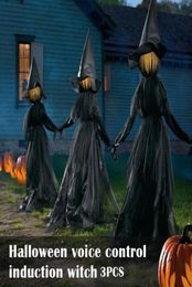 Halloween -verlichting heksen met palen met hand in handen schreeuwende heksen geluid geactiveerde sensor decor Halloween Decoration Outdoor Y4207272