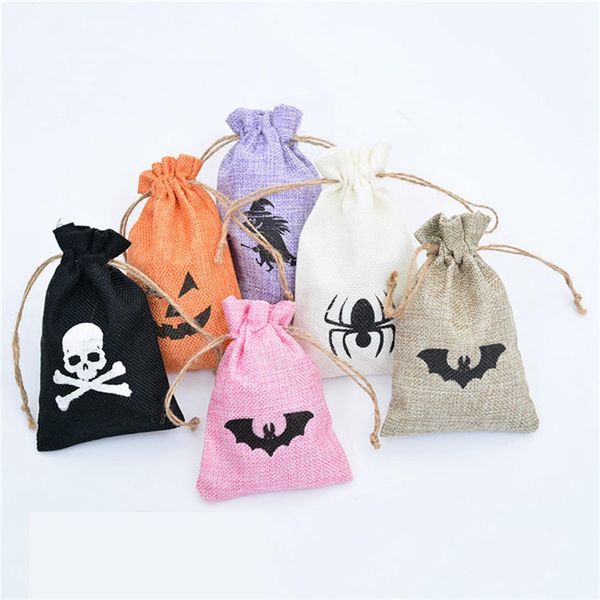 Bolsa de lino para Halloween, 6 estilos, bolsas con cordón, bolsa de regalos para niños, bolsa de dulces, decoraciones de calabaza, calavera y murciélago