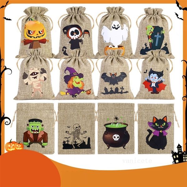 Pochette en lin pour Halloween, sac d'emballage cadeau pour bonbons, pochette en lin avec cordon de serrage, LT548