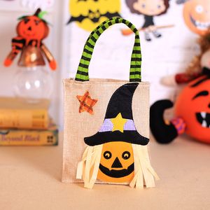 Halloween Linnen Jute Gift Wraps Tote Tassen Trick Or Treat Candy Bag Witch Pumpkin Black Cat Handtas Party Decoratie Huidige Verpakking TR0097