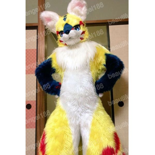 Costume de mascotte de chien Husky jaune en fourrure longue d'Halloween, tenue de personnage de dessin animé de haute qualité, tenue de carnaval, taille adulte, fête d'anniversaire, tenue d'extérieur, tenue unisexe