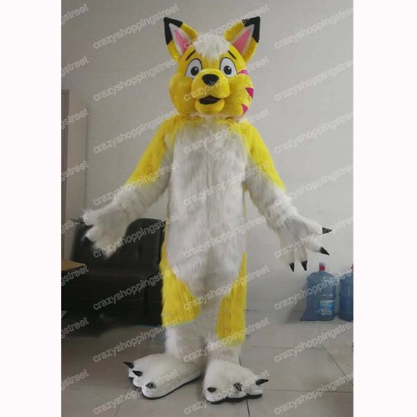 Disfraz de mascota de perro Husky amarillo de piel larga de Halloween Tema de dibujos animados Personaje Carnaval Festival Disfraces Adultos Tamaño Fiesta de Navidad al aire libre Traje