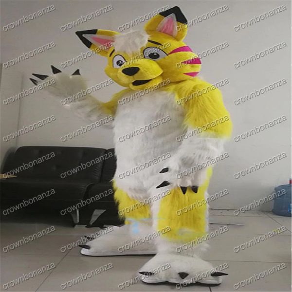 Halloween Long Fur Yellow Husky Wolf Mascot trajes de caricatura de alta calidad