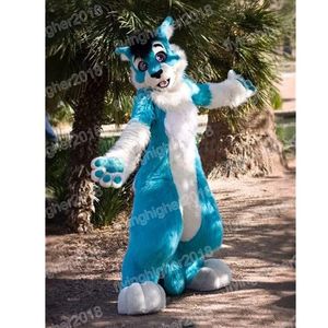 Halloween Long Furry Blue Husky Dog Mascot -kostuum Pas cartoon anime thema THEMA THEMA THEMA METEN Kerstfeest Kerstfeest Outdoor Outfit
