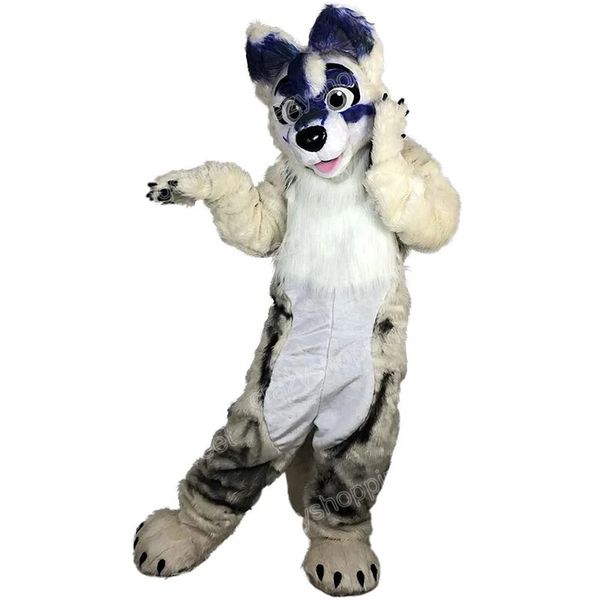 Costume de mascotte de chien Husky Fox aux cheveux longs d'Halloween, personnage de thème animé, taille adulte, Noël, carnaval, fête d'anniversaire, tenue d'extérieur