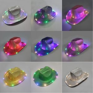 Sombreros de vaquero luminosos para Halloween, luz intermitente LED, fiesta de lentejuelas, gorras de Año Nuevo de Navidad, disfraz de Cosplay