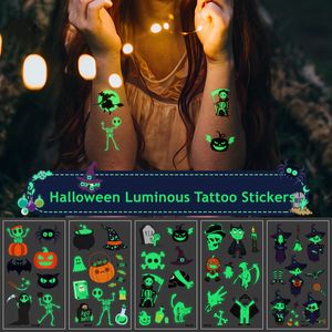 Pegatinas de tatuaje luminosas para Halloween, tatuajes fantasma para niños, kits de pegatinas de tatuajes falsos, bruja que brilla en la oscuridad, temporal de calabaza