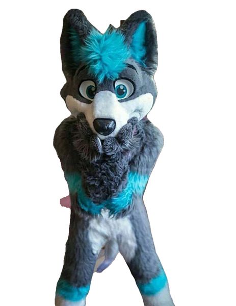 Disfraces de mascota de Halloween de piel larga Husky Dog Fox Fursuit Furry Mascot Head Tail Guantes Traje de disfraces Adulto al aire libre