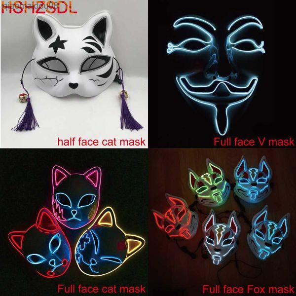 Máscara de Halloween Lindo Gato Zorro Vendetta EL Alambre Máscara Intermitente Cosplay LED neón Máscara de disfraces para Danza resplandeciente Máscaras de fiesta de carnaval L230704