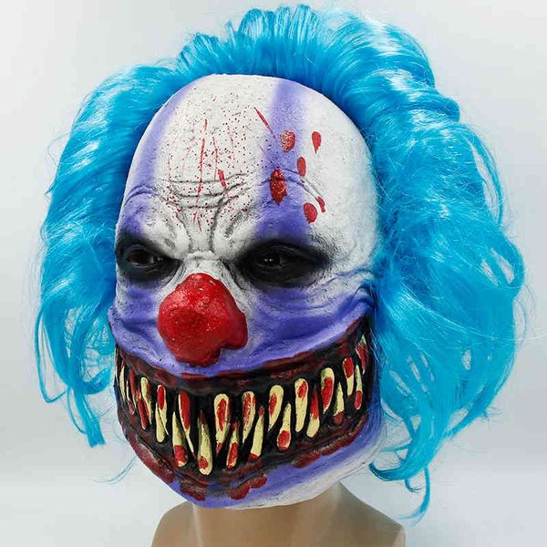 Máscara de Halloween, payaso de terror, pelo azul aterrador, accesorios de mascarada de látex, disfraces y accesorios para adultos periféricos de película