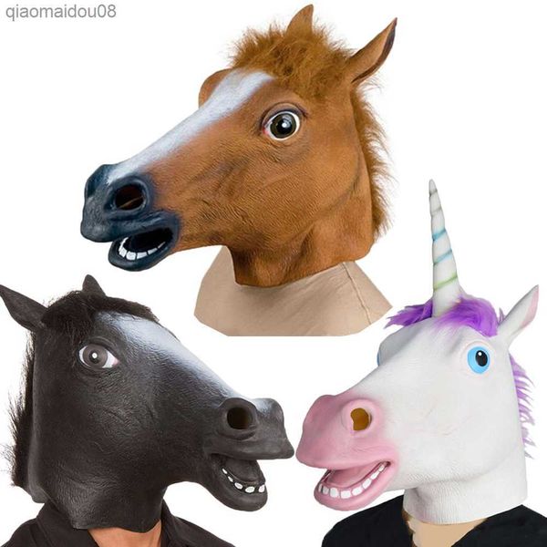 Máscaras de Halloween Cabeza de caballo de látex Cosplay Conjunto de disfraces de animales Broma de teatro Accesorios de fiesta locos Conjunto de cabeza Máscara de caballo Máscaras de caballo de perro L230704