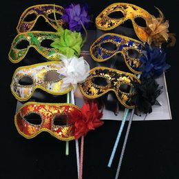 Halloween Maskerade Feestmasker Handheld Venetiaans Masker Half Gezicht Bloem Maskers Sexy Kerst Dans Bruiloft Kostuum Masker
