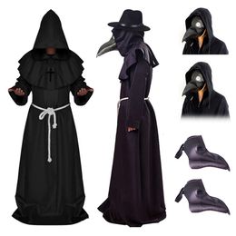 Halloween Medieval Hooded Robe Pest Dokter Kostuummasker Hoed voor mannen Monk Cosplay Steampunk Priest Horror Wizard Cloak Cape