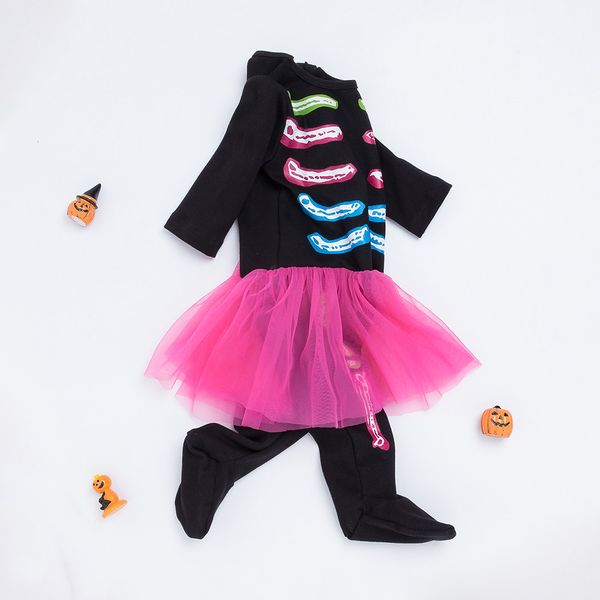 Halloween nouveau-né infantile noir os barboteuses crâne robes 0-24 mois bébé filles coton manches longues combinaison + bandeau = 2 pièces/ensemble