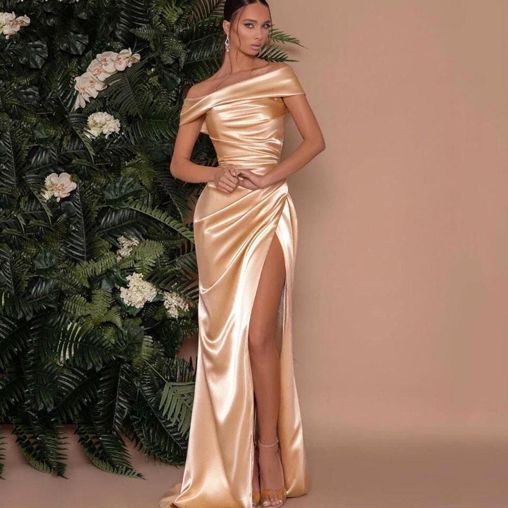 Chamgagne goud zeemeermin bruidsmeisjekleding elegant off-shoulder plooien voorkant split bruidsmeisje toga satijn avond prom dress BM5002