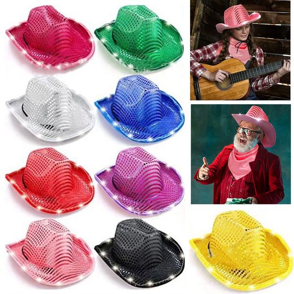 Sombreros de fiesta de Halloween, lentejuelas plateadas con ala grande iluminada, gorras de vaquero con forma compuesta de EVA, sombrero de mezclilla Led para Halloween LT792