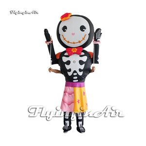 Costume d'elfe de fille de crâne gonflable portable de représentation de fête d'Halloween, vêtements de squelette de 2,5 m, costume de zombie gonflable mignon avec une jupe pour événement de défilé