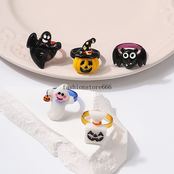 Anneau de fête d'halloween Punk crâne fantôme citrouille chauve-souris noir acrylique résine anneaux pour hommes femmes doigt décorer bijoux