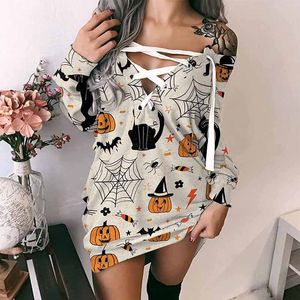 Halloween -afdrukken jurken vrouwen casual sweatshirt jurk uit schouderstrappy lange mouwen losse mini feestjurken