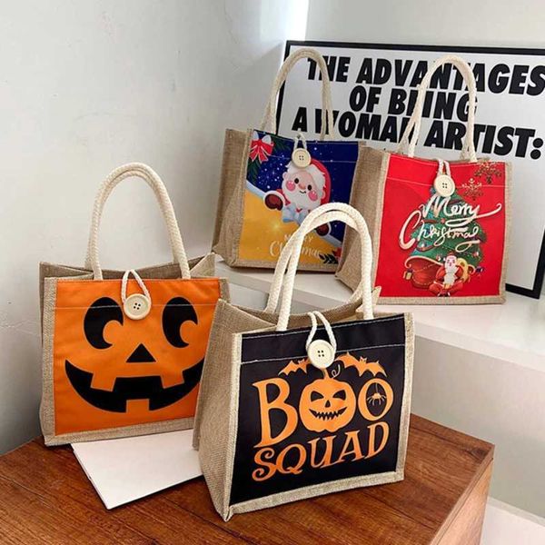 Sac de lin de citrouille d'Halloween Sacs de coton peints Jute Sacs de bonbons portables Shopping Sacs à main Cadeau de Noël 220923