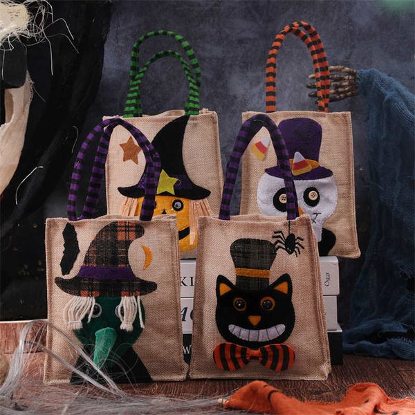 Bolsos de tela de lino de calabaza de Halloween Fiesta infantil portátil Colección de azúcar de caramelo Bolsas reutilizables de regalo Disfraces festivos de Halloween Decoraciones creativas de dibujos animados