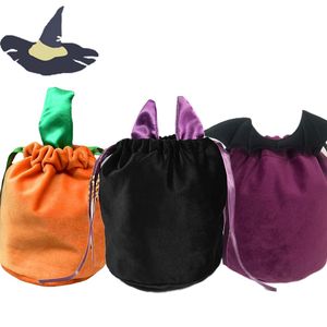 Halloween Pumpkin Tote Bag Party Velvet Pouch Gift Bag Trick of Treat Basket 13x15cm Soft Elk Bat Candy Packing With String Festival Decor 2022