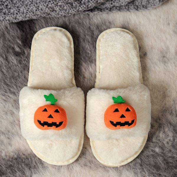 Halloween citrouille tête blanche pantoufles peluche douce bout ouvert portant des tongs en peluche drag girl Designer Slide Beach Shoes taille 36-41