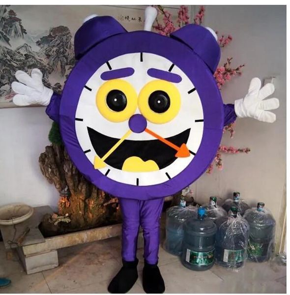 Costume de mascotte d'horloge violette d'Halloween, personnage de thème de réveil de dessin animé de qualité supérieure, carnaval unisexe pour adultes, tenue de fête d'anniversaire de Noël