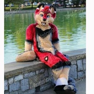 Halloween Red Long Fur Husky Fox Dog Mascot Kostuum Hoogwaardige cartoon anime thema karakter volwassenen maat kerst buiten advertentie outfit pak