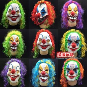 Halloween enge feestmasker latex grappige clown wry face oktober spirit festival emulsie terreur maskerade lang haar jokers maskers voor kinderen volwassen