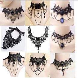 Halloween Sexy Gothic Chokers Crystal Crystal Black Lace Neck Collares Choker Collier Vintage Victorian Femmes Chocker Steampunk Jewelry G276D