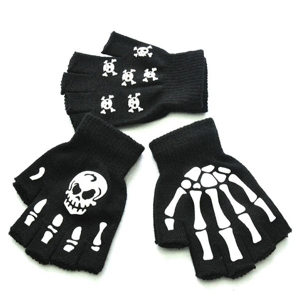 Halloween Squelette Crâne Demi Doigt Gants Sports De Plein Air Gants Glow in the Dark Mitaines D'hiver Tricotées Stretch Sans Doigts