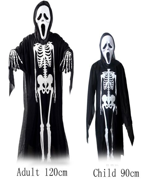 Disfraz de esqueleto de Halloween para adulto y niño 120 cm 90 cm baile de máscaras disfraz de fantasma de calavera máscara de zombi de terror guantes de huesos Cosp1974835