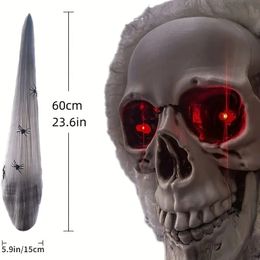 Ornement de crâne d'Halloween pour l'extérieur et l'intérieur avec yeux rouges LED et araignée artificielle, décoration de maison hantée, décoration de fête d'Halloween